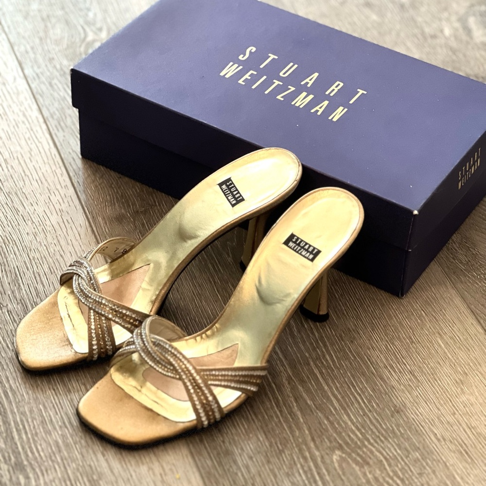 Stuart Weitzman gold matte lame Twist sandal, gently worn, size 7M, with box etc